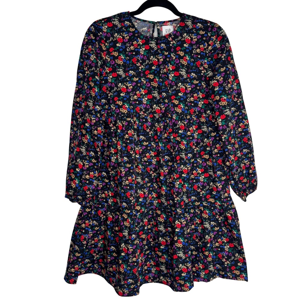 GAP 100% Cotton Maternity Sz S Floral Print‎ Tiered Mini Dress Black Long Sleeve
